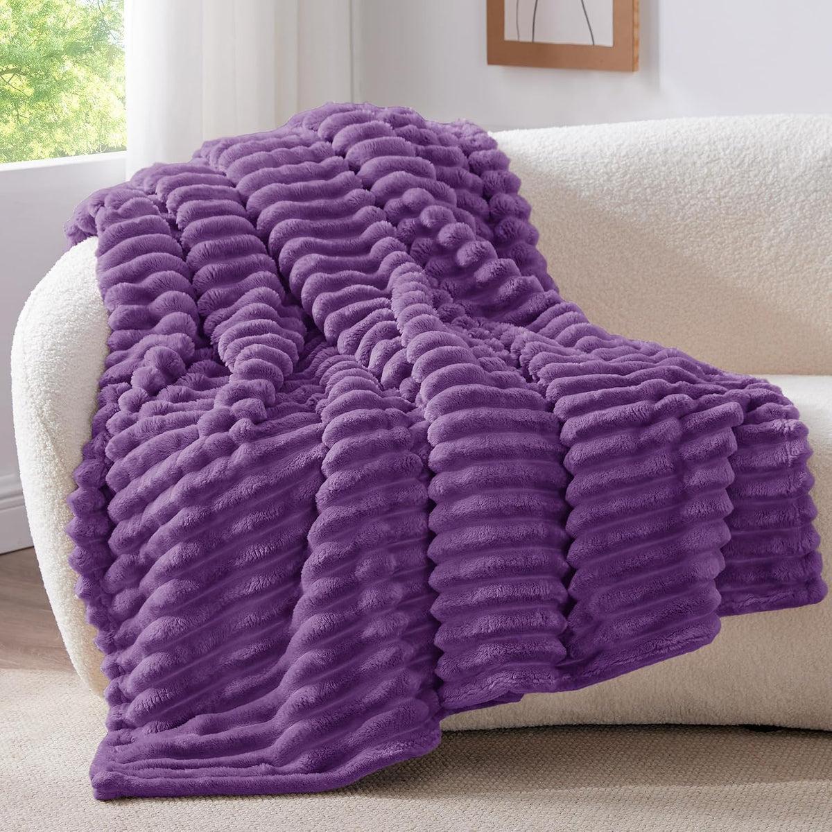 BEDELITE Ribbed Fleece Throw Blanket for Couch, Linen, 50"x60"