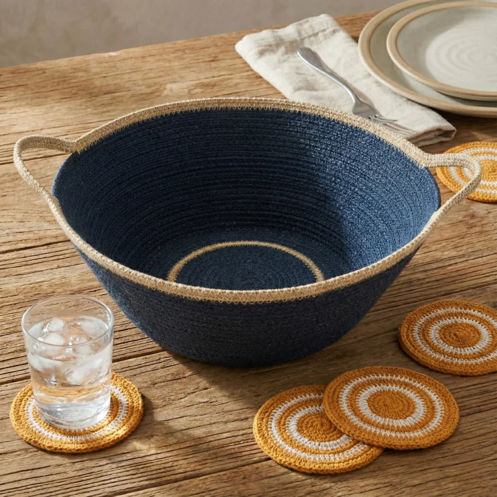 Hydra Woven Seagrass Oversize Bowl with Handles, Navy