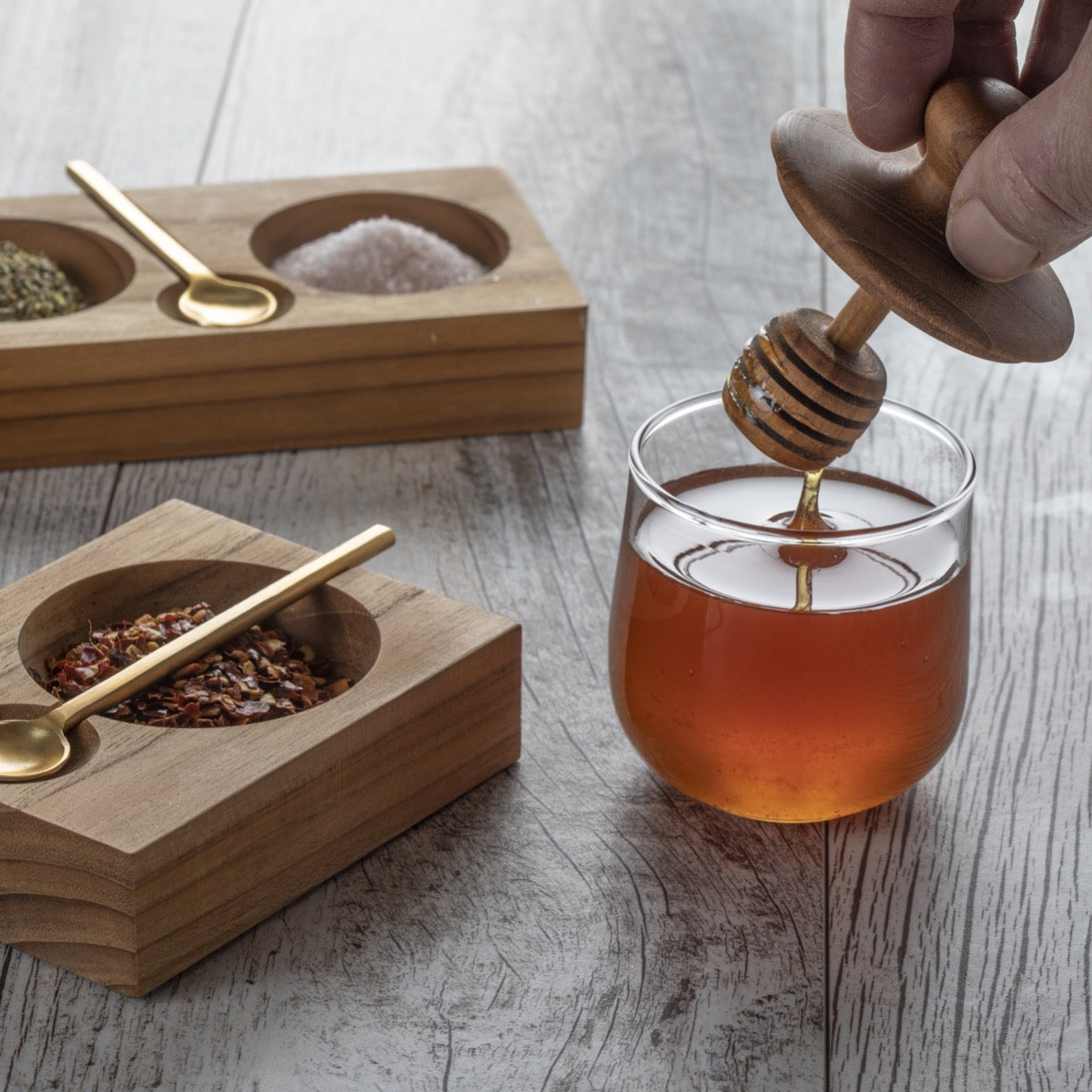 Teak & Glass Honey Jar