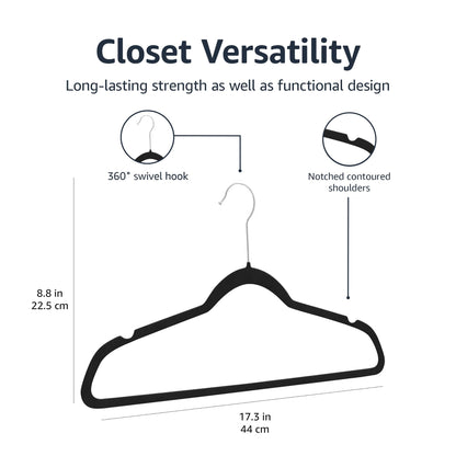 Amazon Basics Slim Velvet Non-Slip Space Saving Suit Clothes Hangers, Closet Organizer, Black, 50-Pack