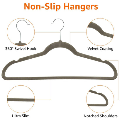 Amazon Basics Slim Velvet Non-Slip Space Saving Suit Clothes Hangers, Closet Organizer, Black, 50-Pack