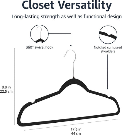 Amazon Basics Slim Velvet Non-Slip Space Saving Suit Clothes Hangers, Closet Organizer, Black, 50-Pack