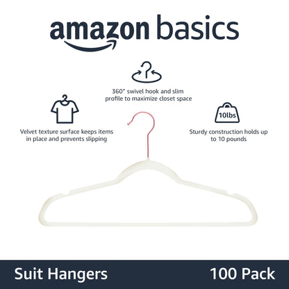 Amazon Basics Slim Velvet Non-Slip Space Saving Suit Clothes Hangers, Closet Organizer, Black, 50-Pack