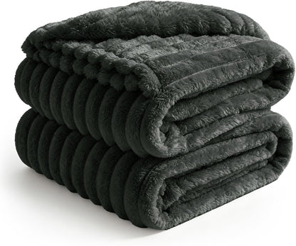 BEDELITE Ribbed Fleece Throw Blanket for Couch, Linen, 50"x60"