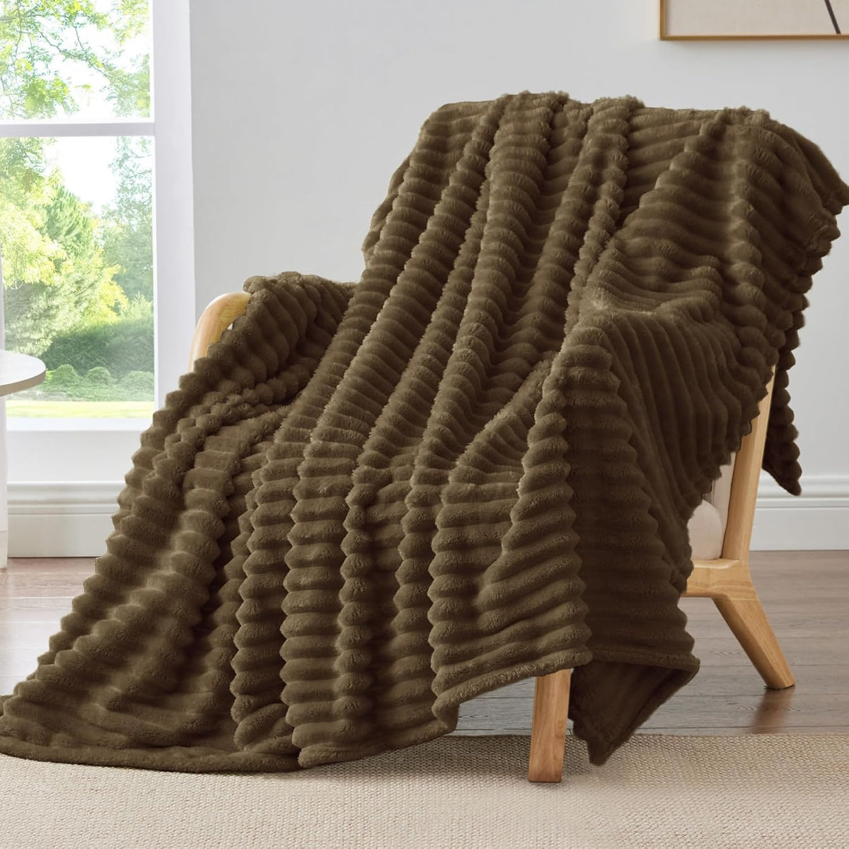 BEDELITE Ribbed Fleece Throw Blanket for Couch, Linen, 50"x60"