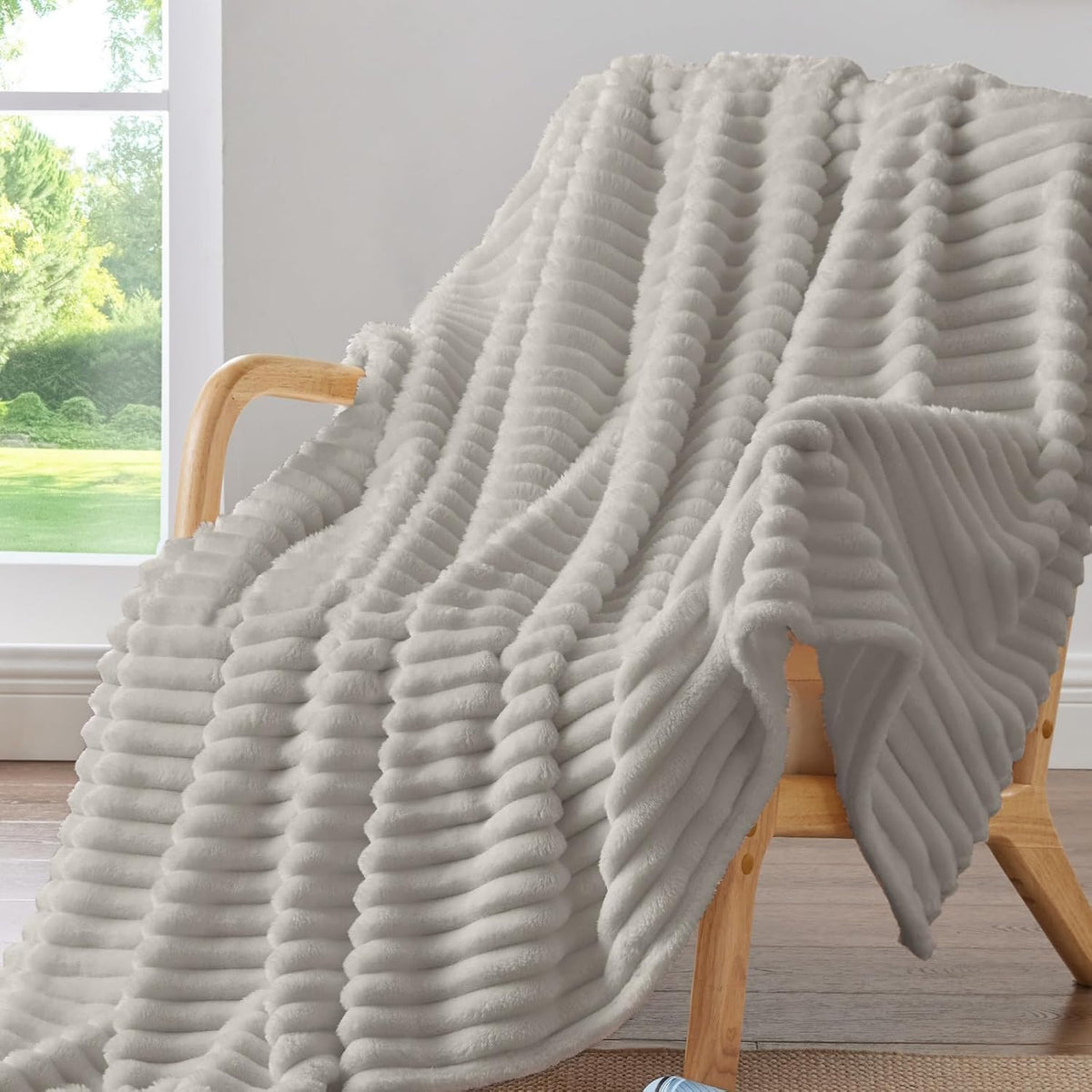 BEDELITE Ribbed Fleece Throw Blanket for Couch, Linen, 50"x60"