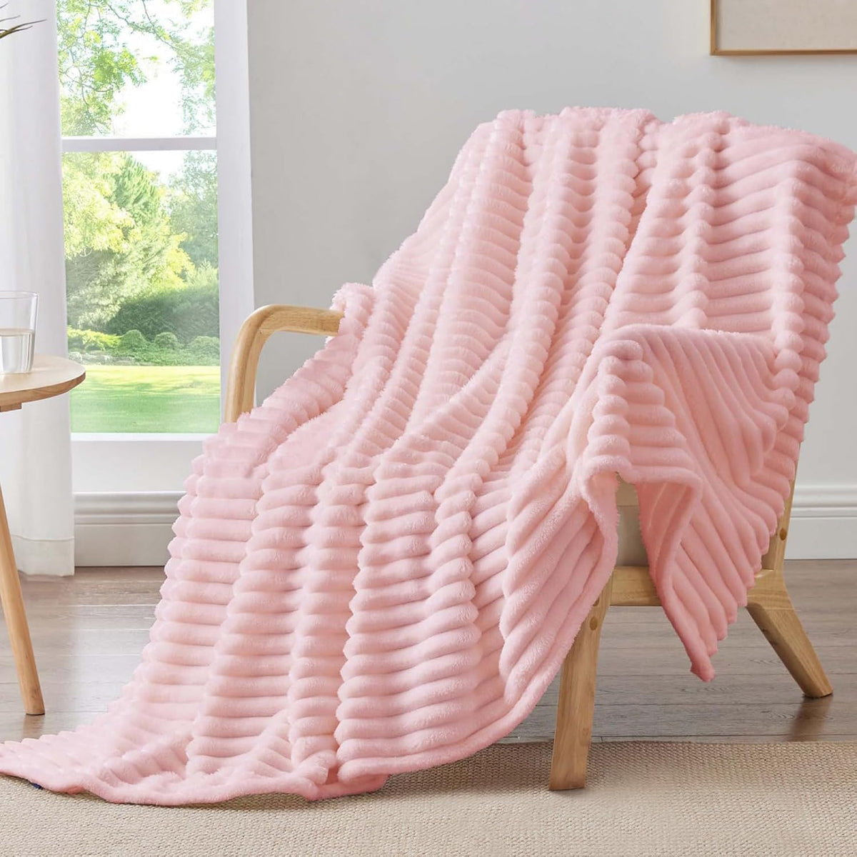 BEDELITE Ribbed Fleece Throw Blanket for Couch, Linen, 50"x60"