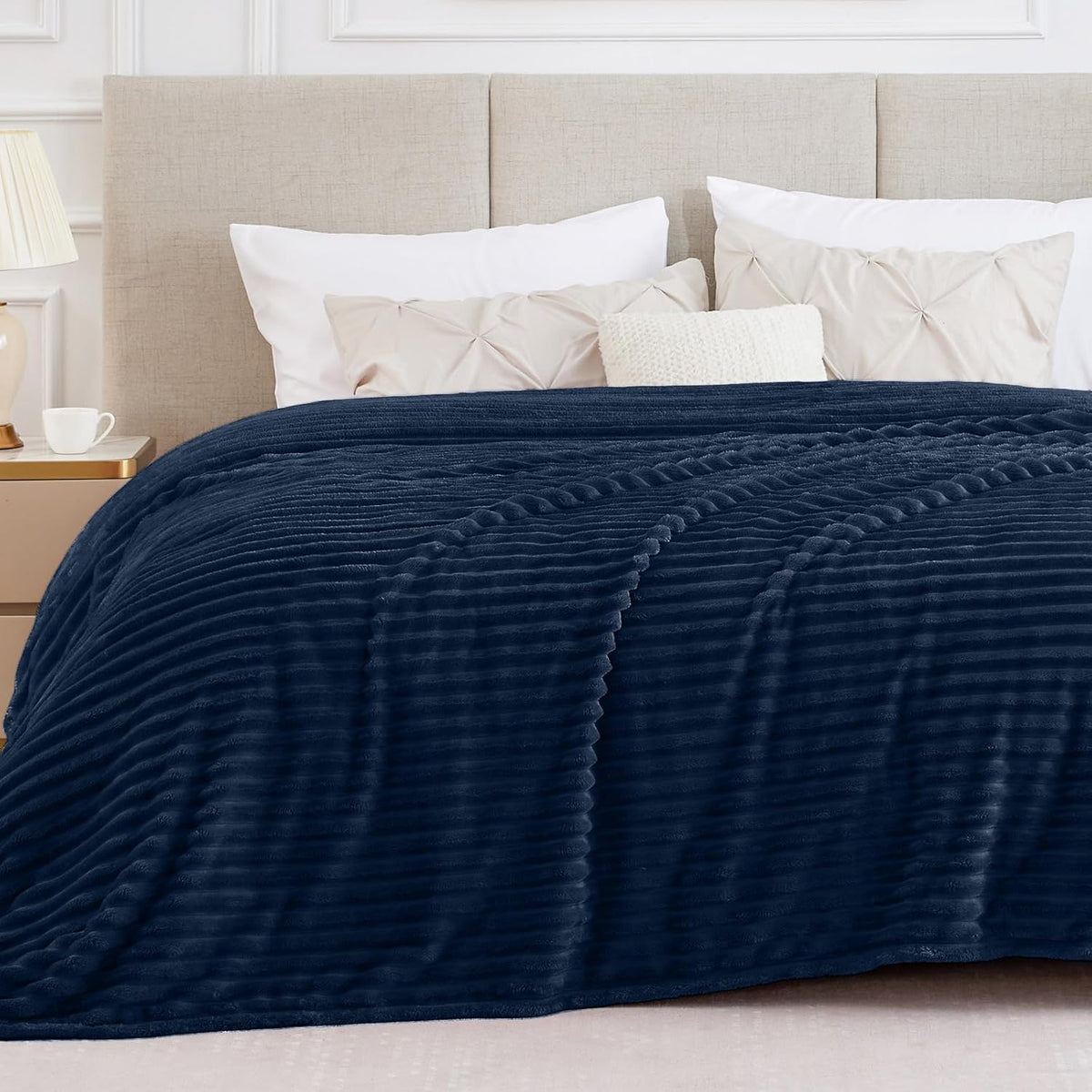 BEDELITE Ribbed Fleece Throw Blanket for Couch, Linen, 50"x60"