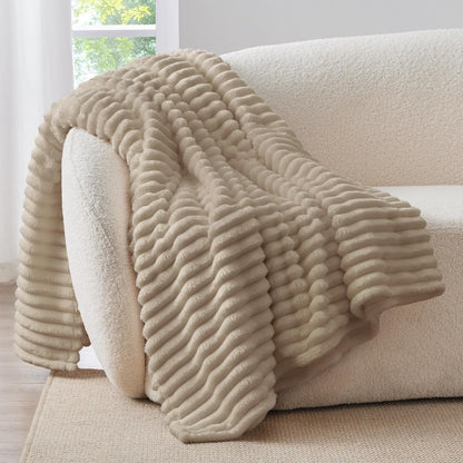 BEDELITE Ribbed Fleece Throw Blanket for Couch, Linen, 50"x60"