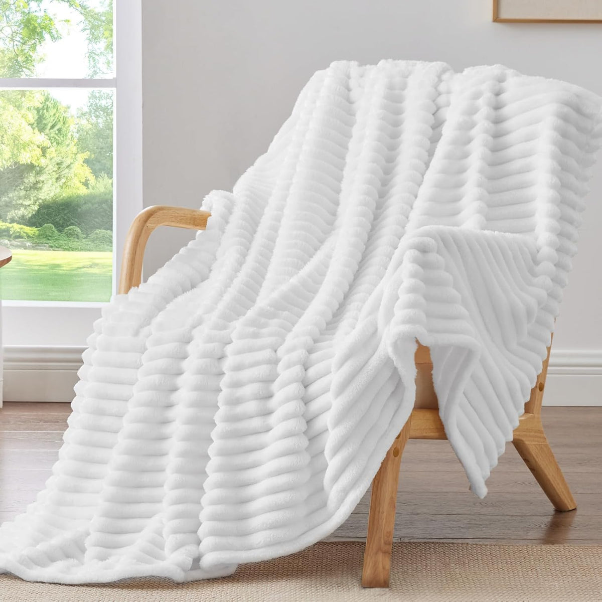 BEDELITE Ribbed Fleece Throw Blanket for Couch, Linen, 50"x60"