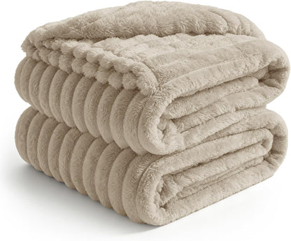 BEDELITE Ribbed Fleece Throw Blanket for Couch, Linen, 50"x60"