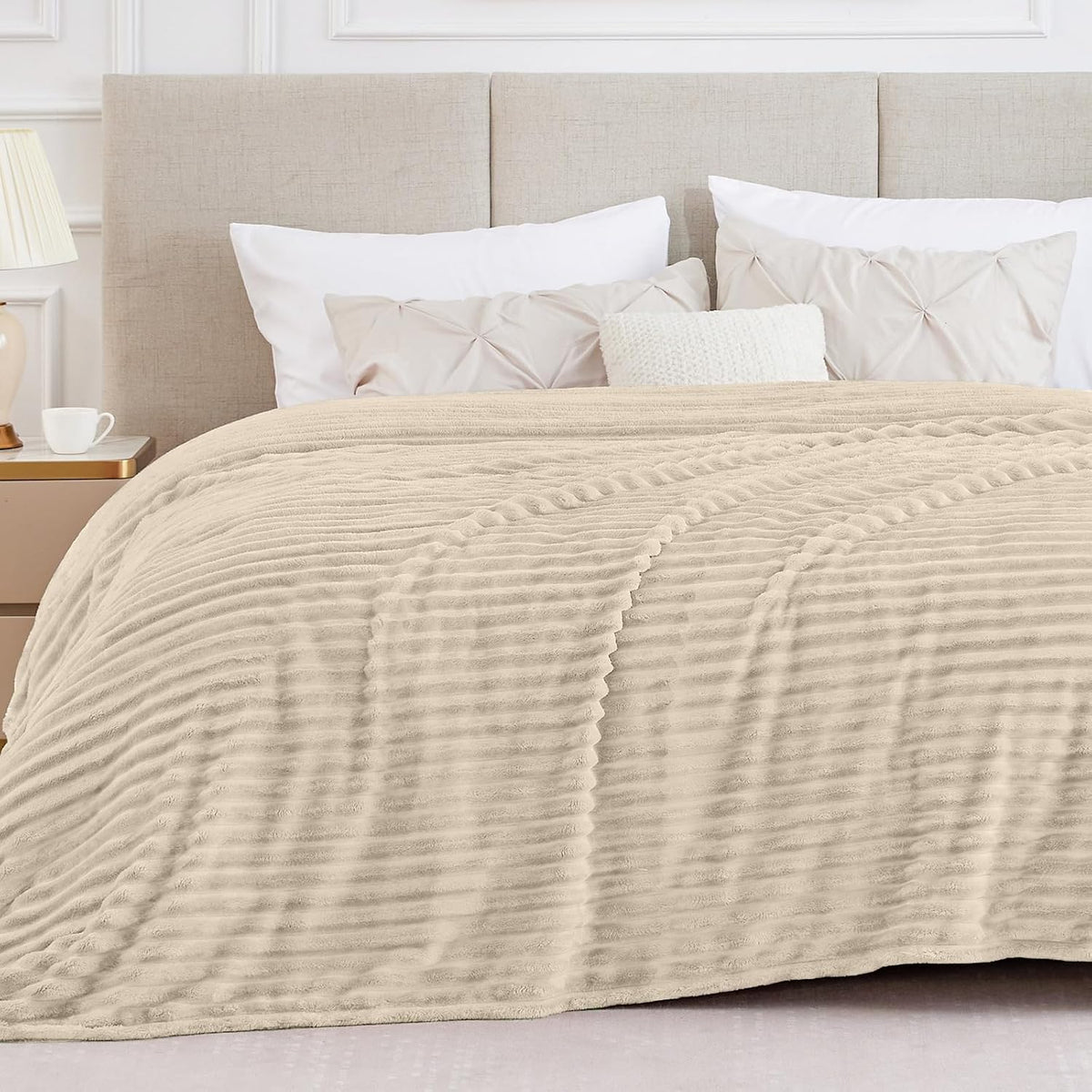 BEDELITE Ribbed Fleece Throw Blanket for Couch, Linen, 50"x60"