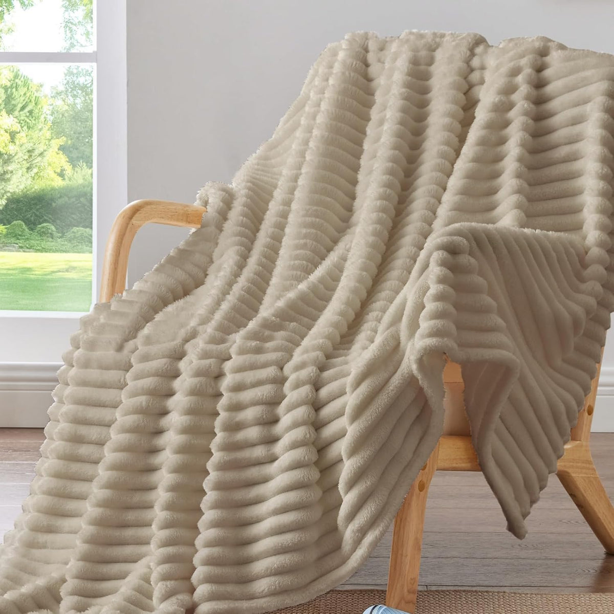 BEDELITE Ribbed Fleece Throw Blanket for Couch, Linen, 50"x60"