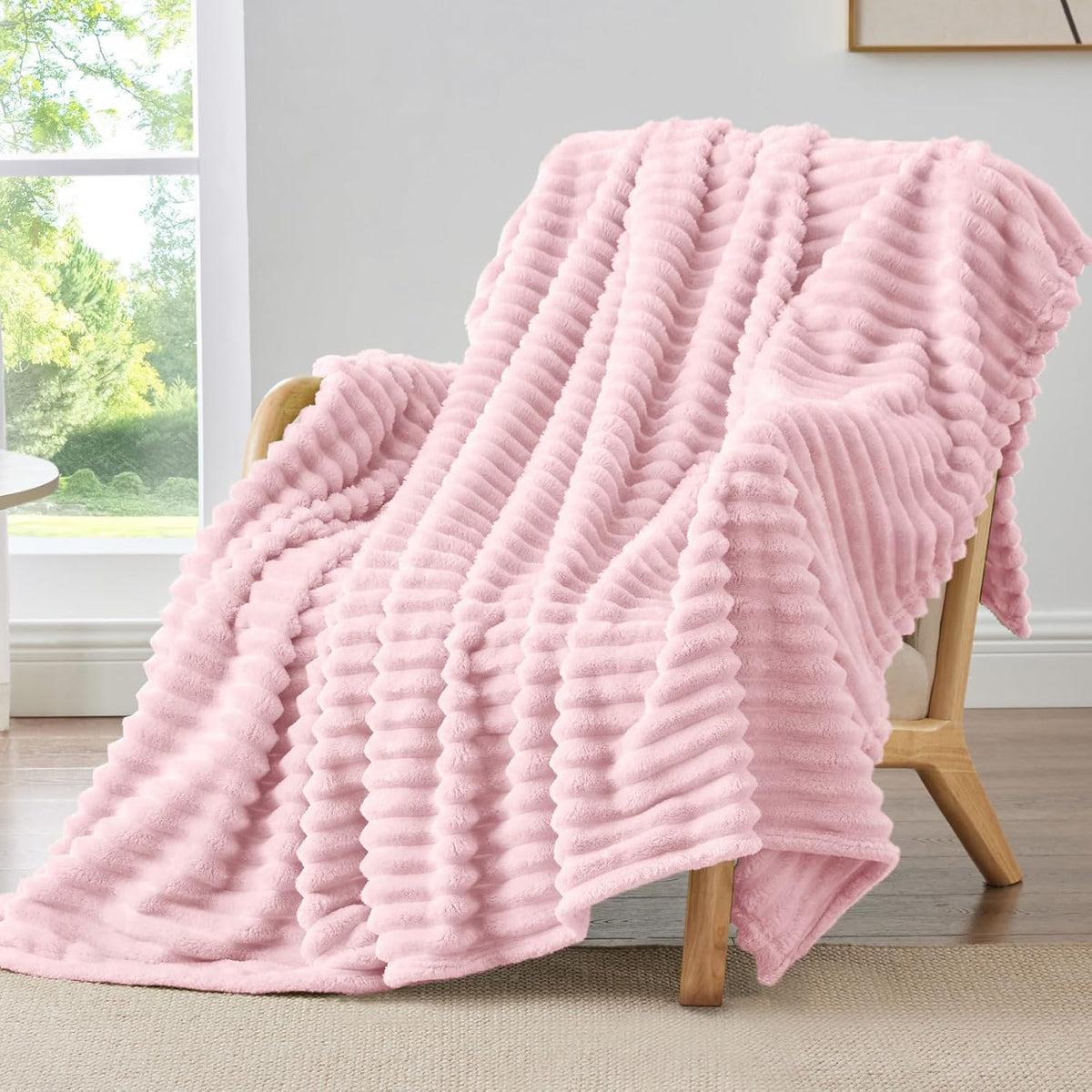 BEDELITE Ribbed Fleece Throw Blanket for Couch, Linen, 50"x60"