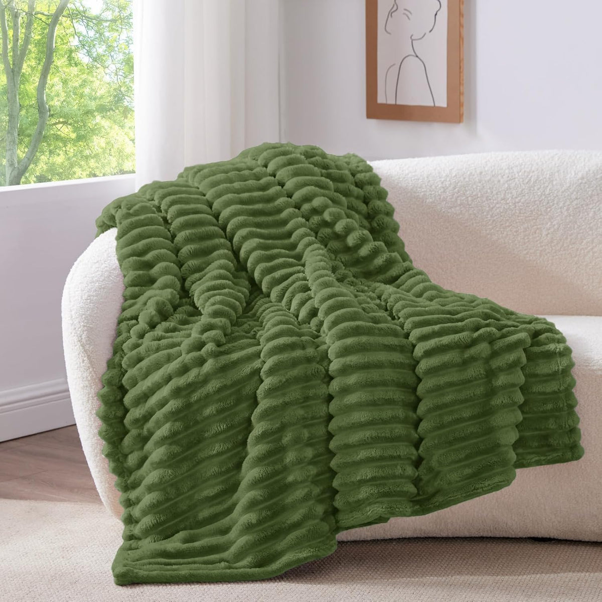 BEDELITE Ribbed Fleece Throw Blanket for Couch, Linen, 50"x60"