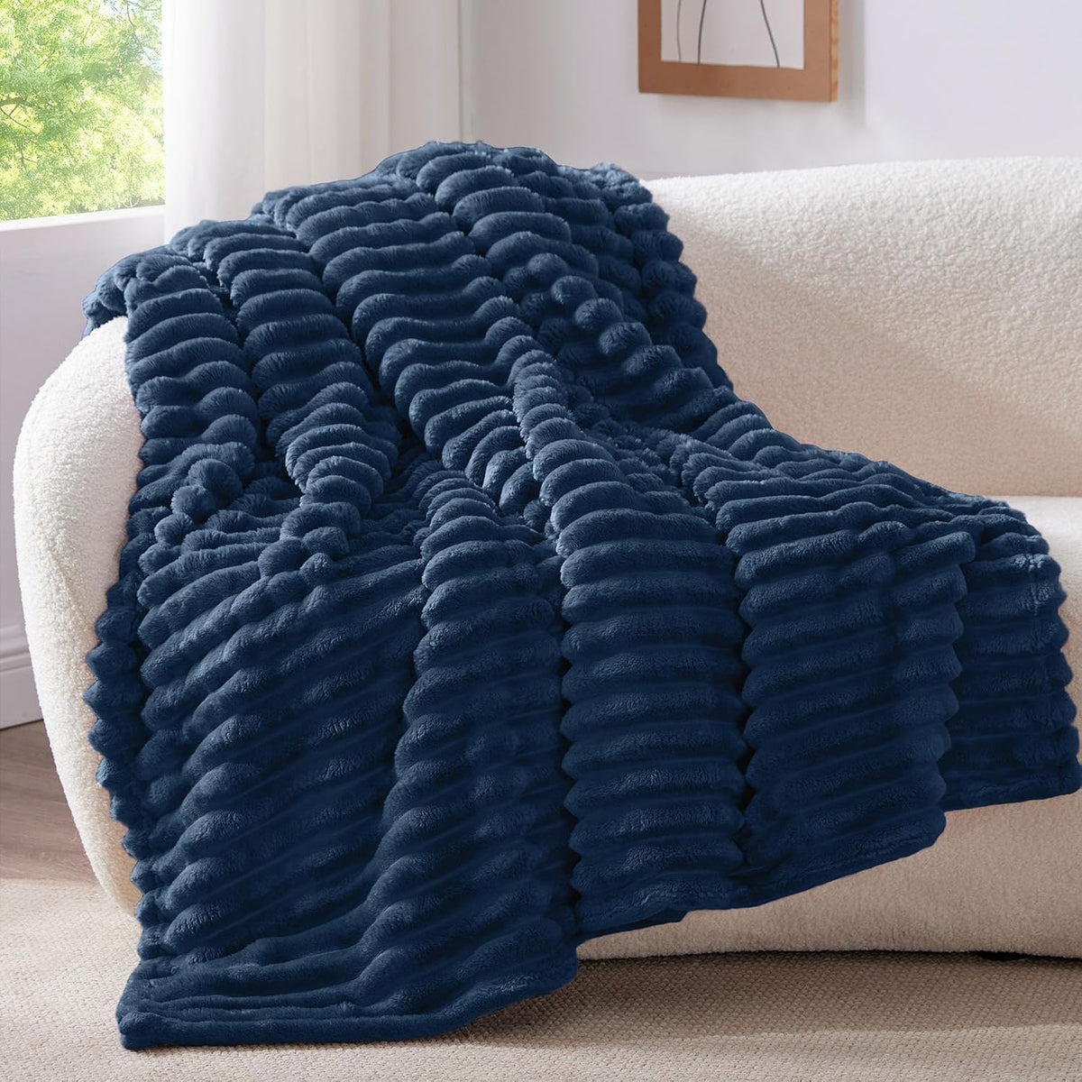 BEDELITE Ribbed Fleece Throw Blanket for Couch, Linen, 50"x60"