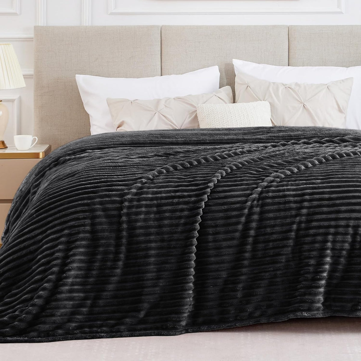 BEDELITE Ribbed Fleece Throw Blanket for Couch, Linen, 50"x60"