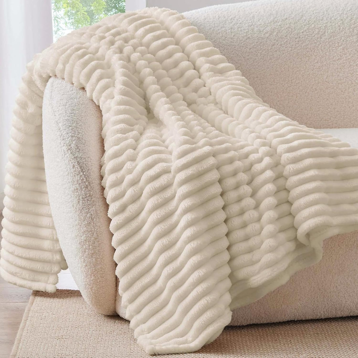 BEDELITE Ribbed Fleece Throw Blanket for Couch, Linen, 50"x60"