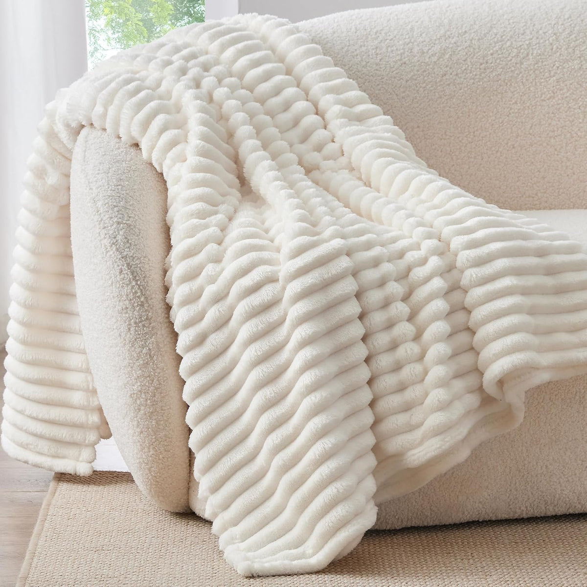 BEDELITE Ribbed Fleece Throw Blanket for Couch, Linen, 50"x60"