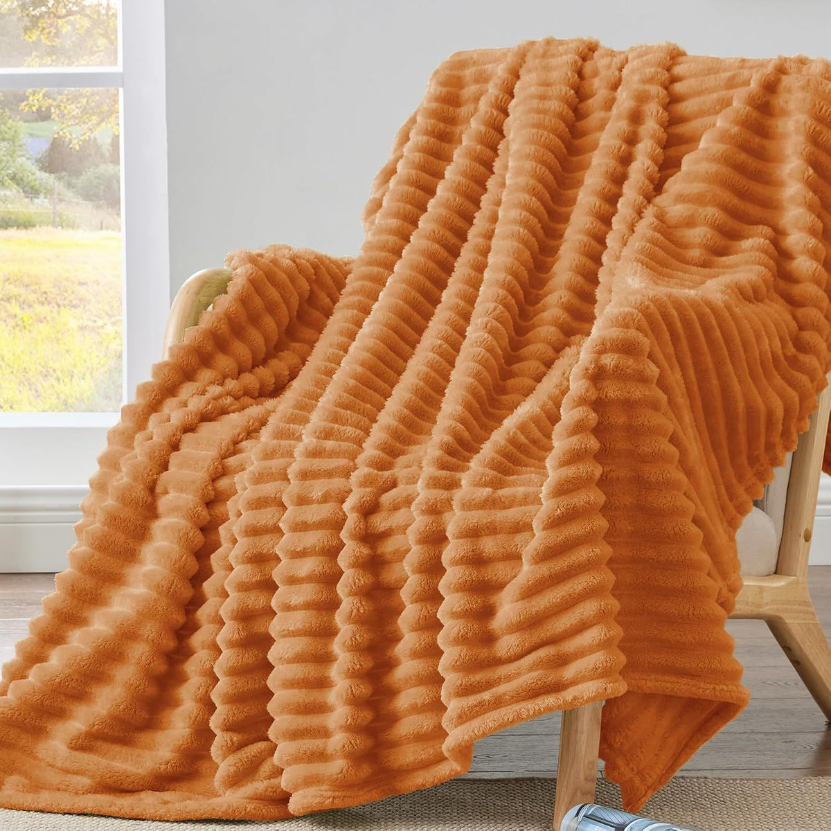 BEDELITE Ribbed Fleece Throw Blanket for Couch, Linen, 50"x60"