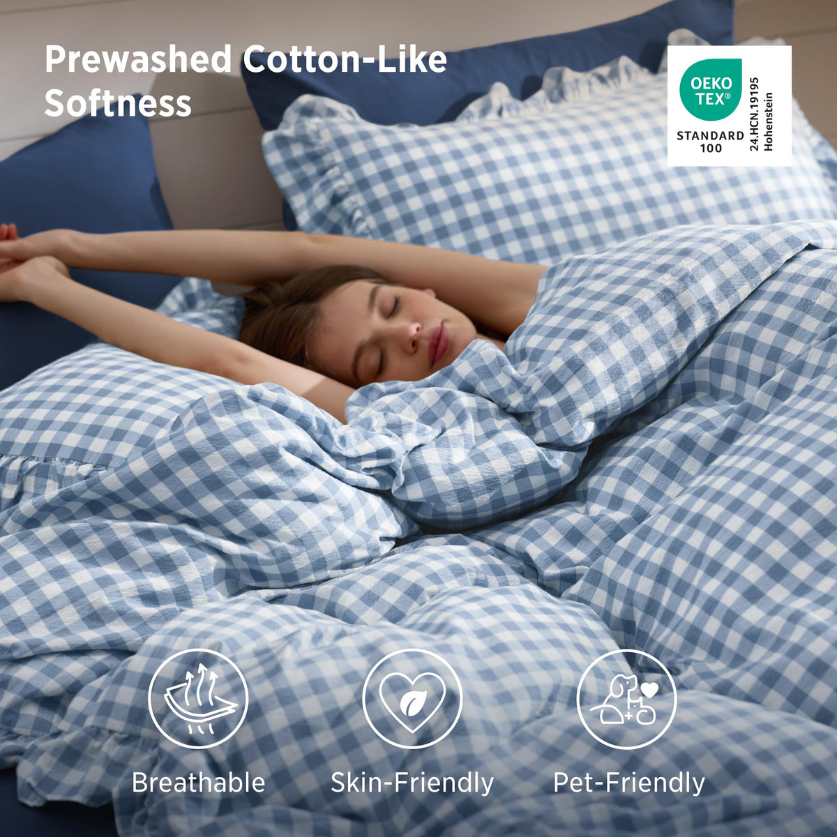 Bedsure Gingham Ruffle Duvet Cover Set, Queen, Cotton-Like Bed, Terracotta