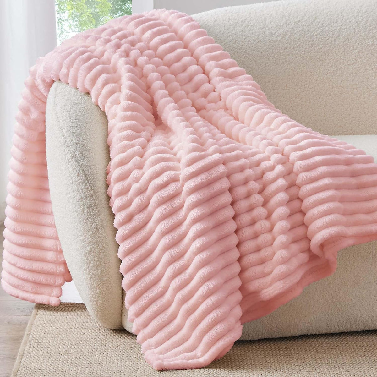 BEDELITE Ribbed Fleece Throw Blanket for Couch, Linen, 50"x60"
