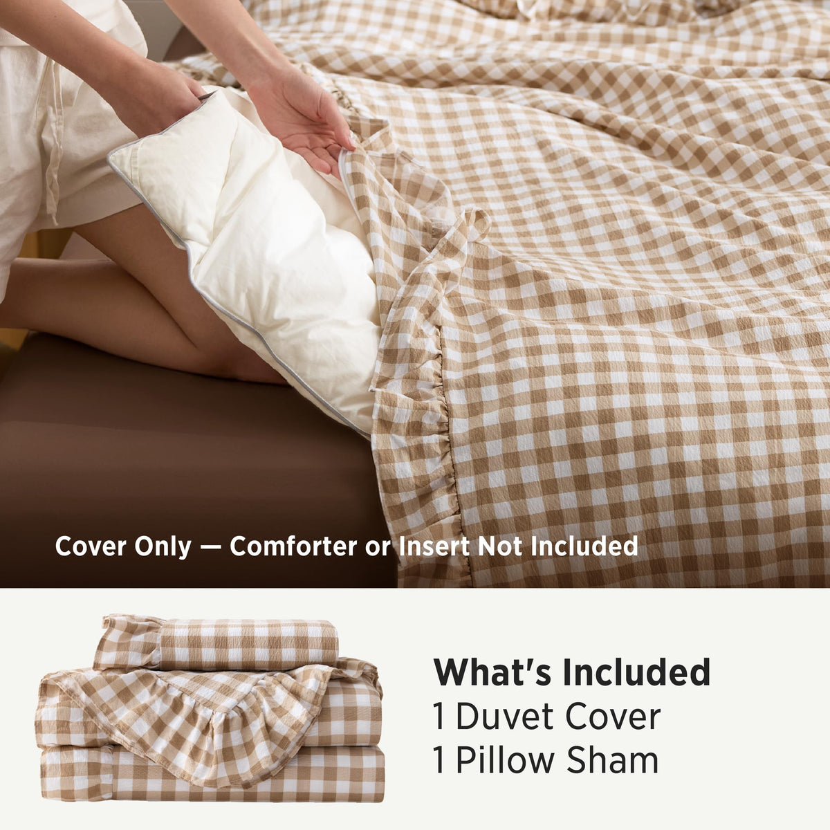 Bedsure Gingham Ruffle Duvet Cover Set, Queen, Cotton-Like Bed, Terracotta