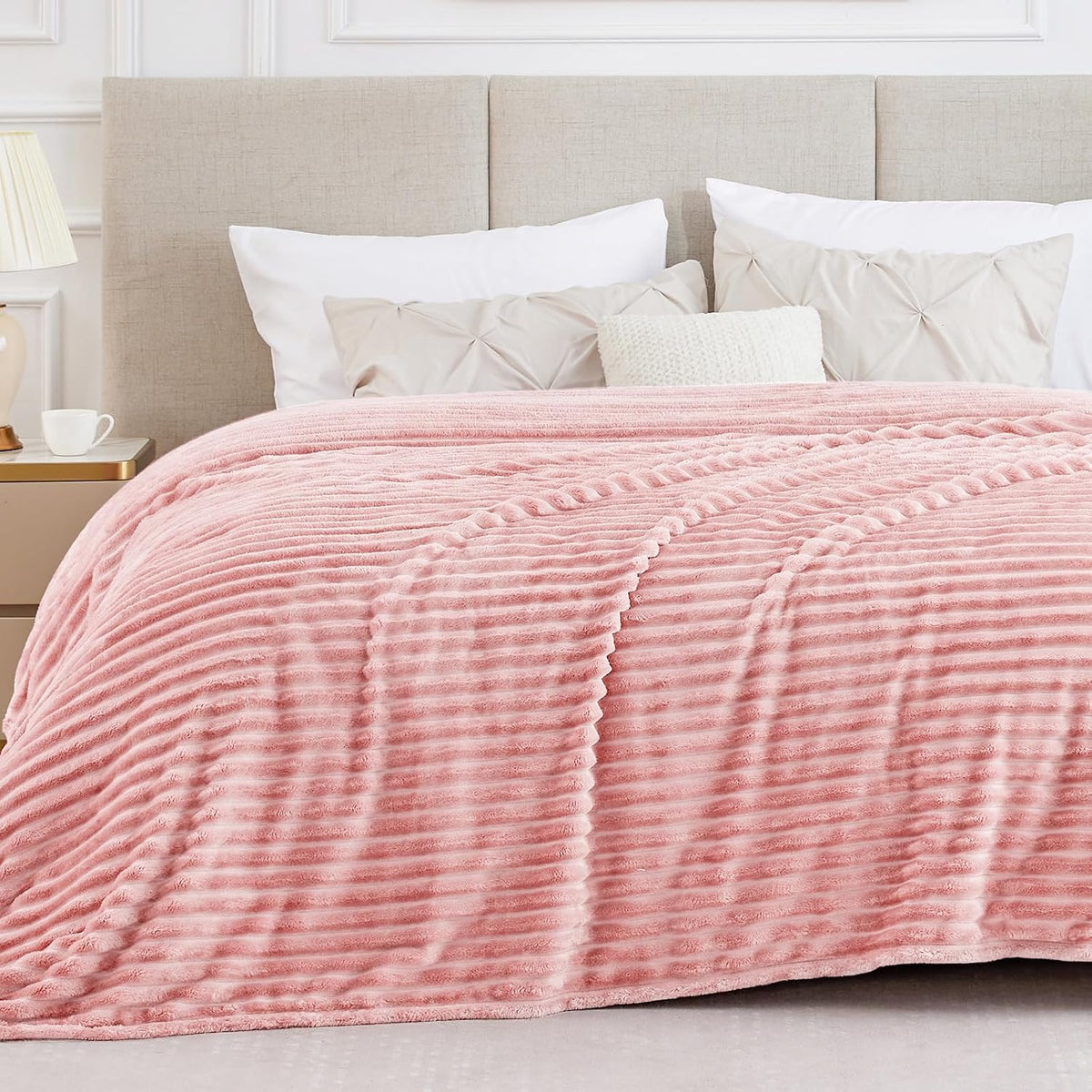 BEDELITE Ribbed Fleece Throw Blanket for Couch, Linen, 50"x60"