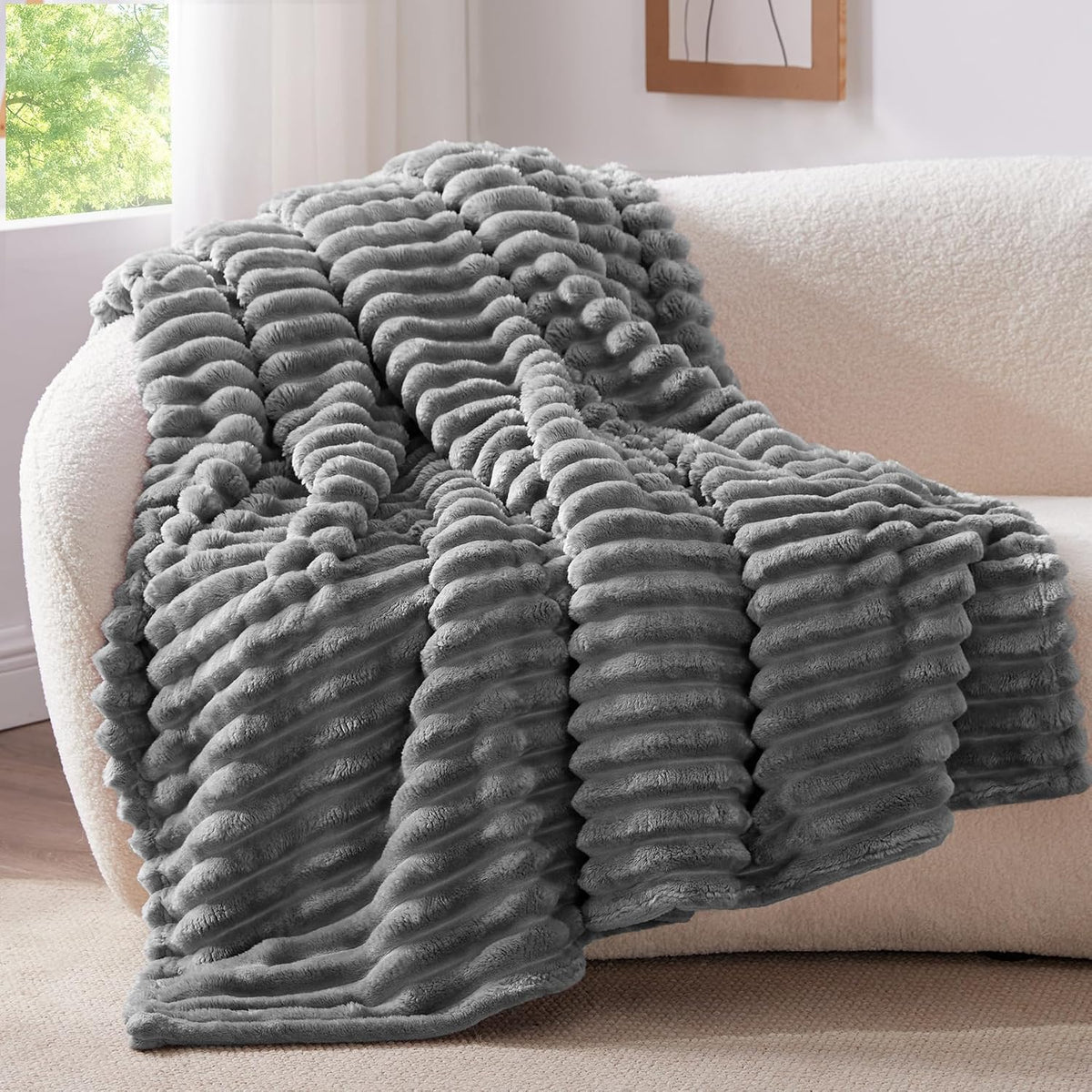 BEDELITE Ribbed Fleece Throw Blanket for Couch, Linen, 50"x60"