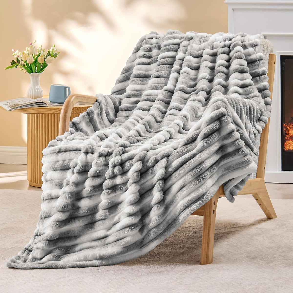 BEDELITE Ribbed Fleece Throw Blanket for Couch, Linen, 50"x60"