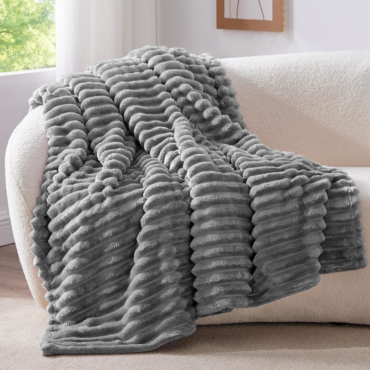 BEDELITE Ribbed Fleece Throw Blanket for Couch, Linen, 50"x60"