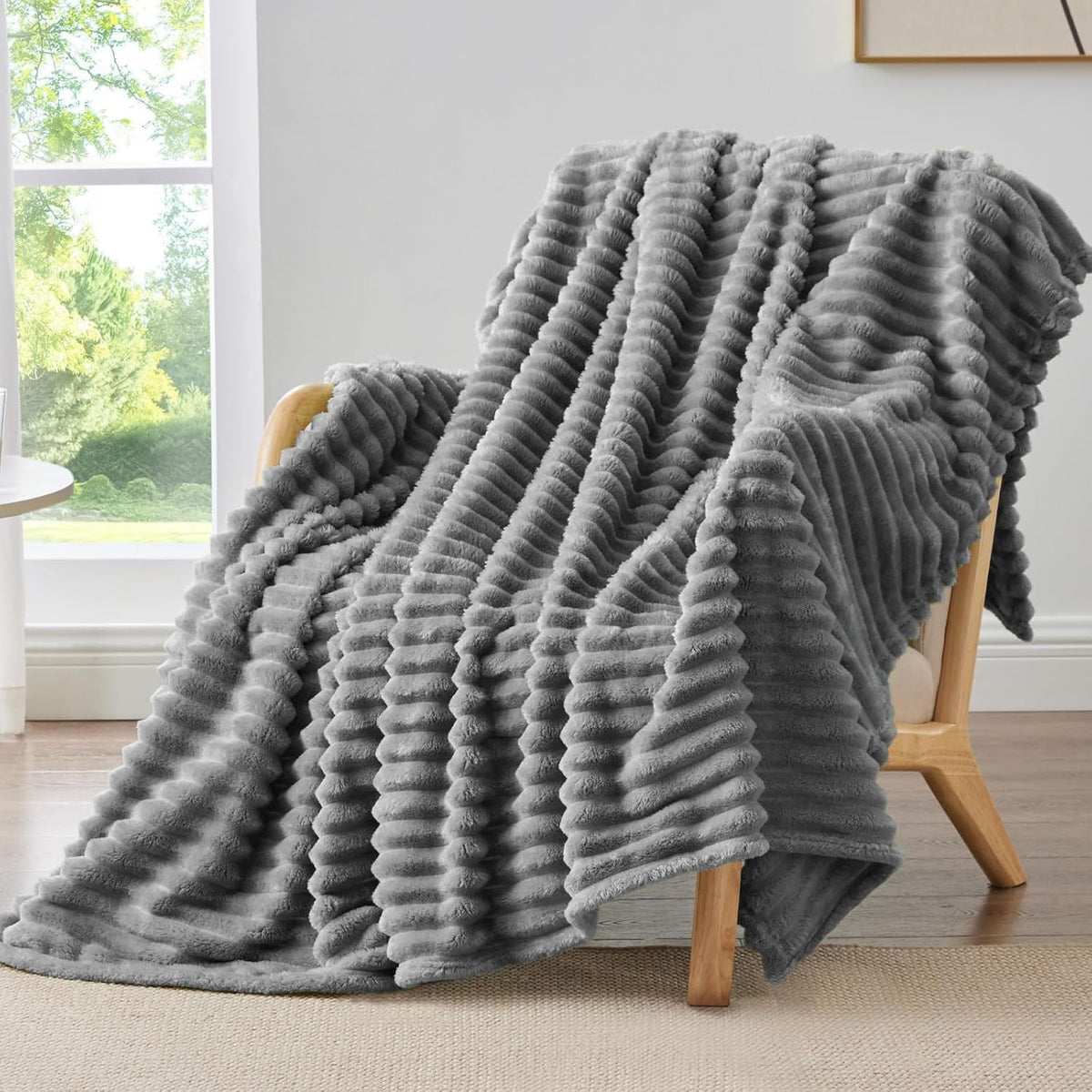 BEDELITE Ribbed Fleece Throw Blanket for Couch, Linen, 50"x60"