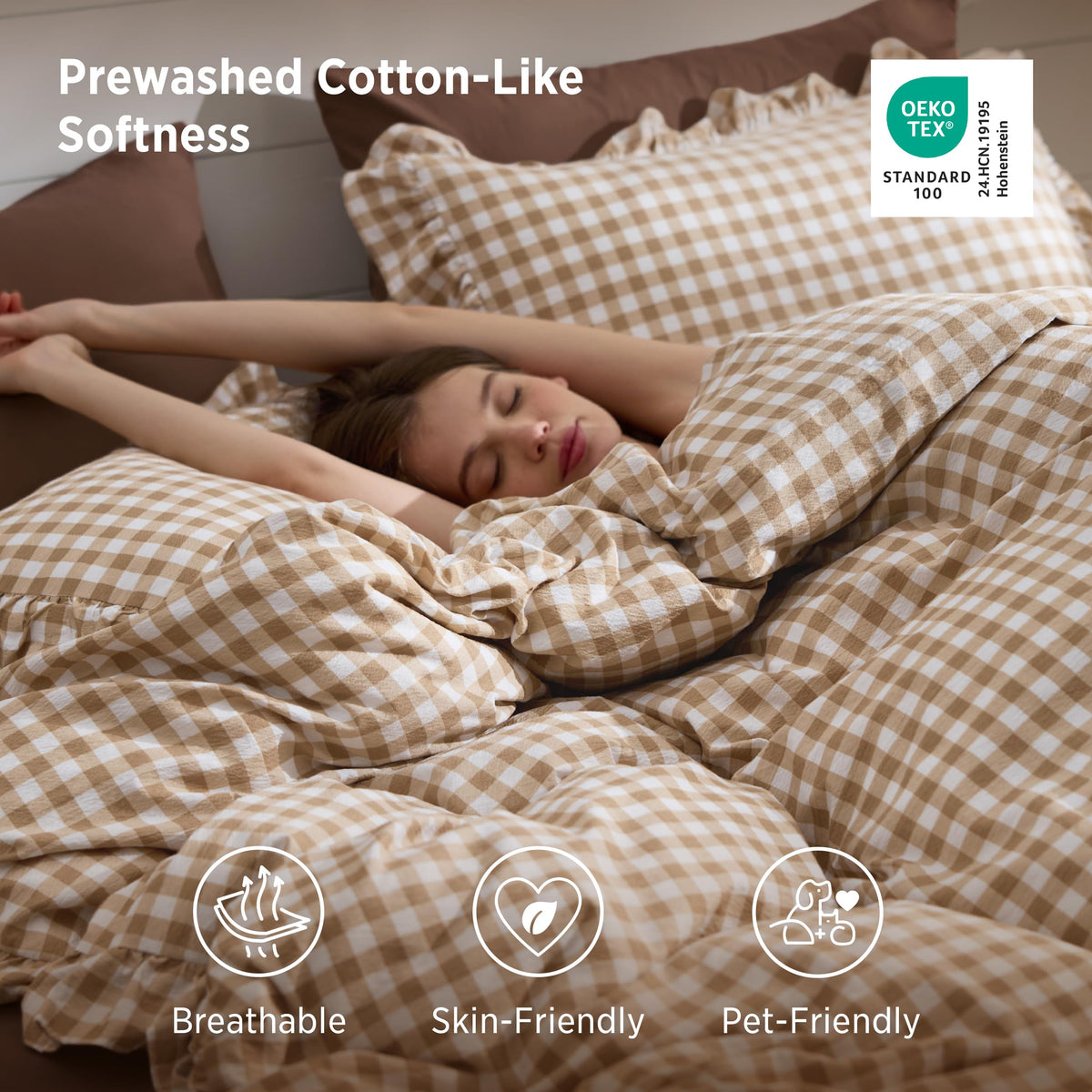 Bedsure Gingham Ruffle Duvet Cover Set, Queen, Cotton-Like Bed, Terracotta