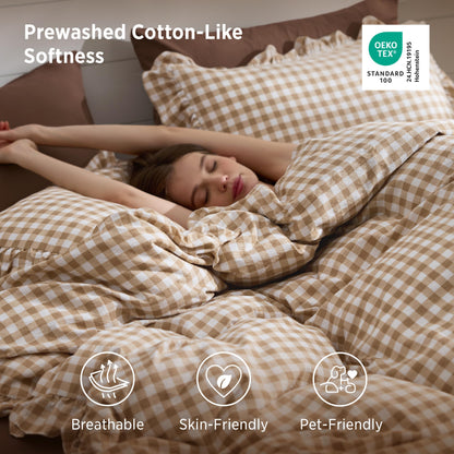 Bedsure Gingham Ruffle Duvet Cover Set, Queen, Cotton-Like Bed, Terracotta