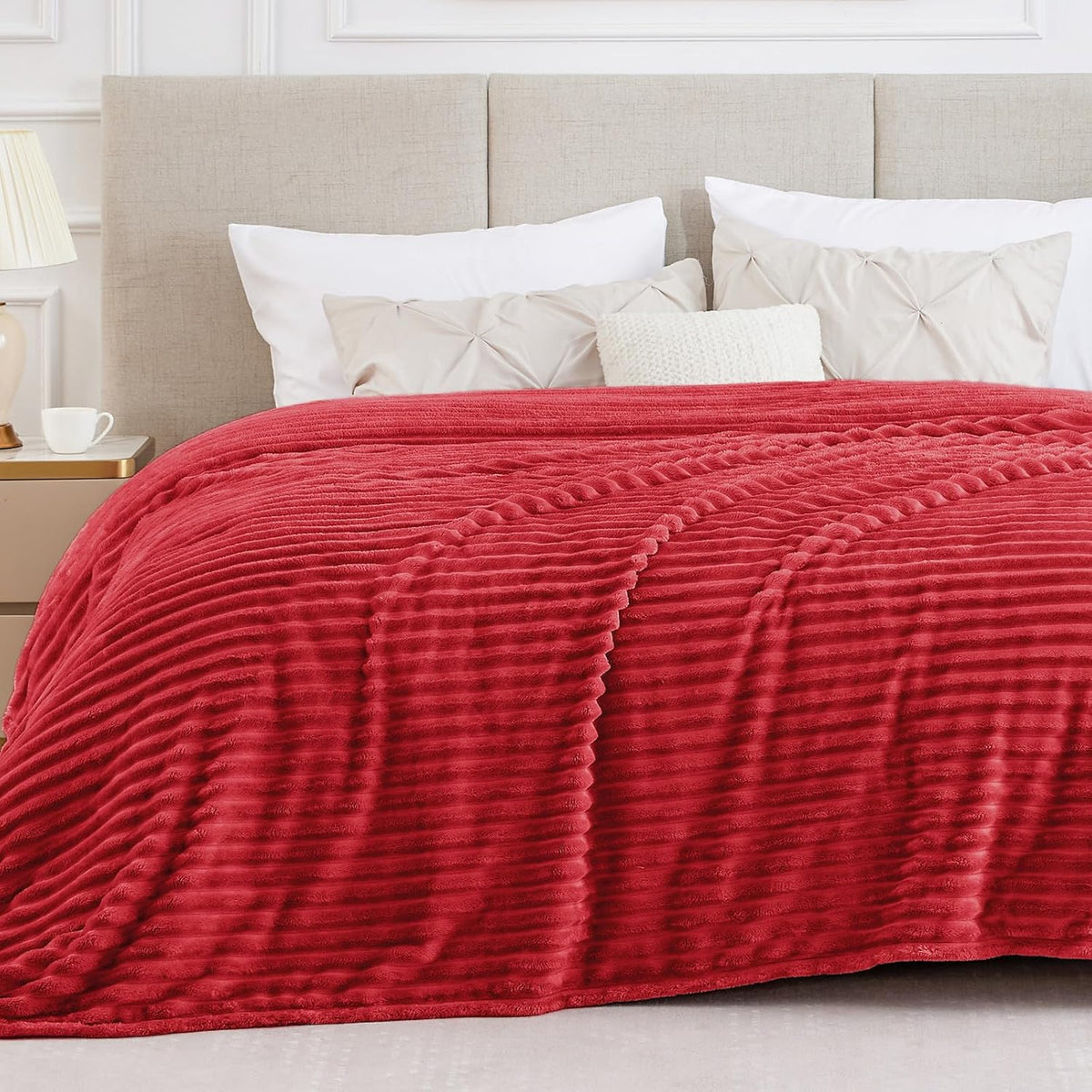BEDELITE Ribbed Fleece Throw Blanket for Couch, Linen, 50"x60"