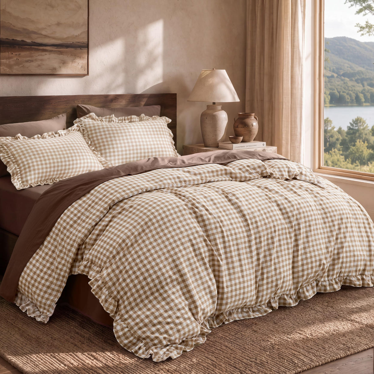 Bedsure Gingham Ruffle Duvet Cover Set, Queen, Cotton-Like Bed, Terracotta