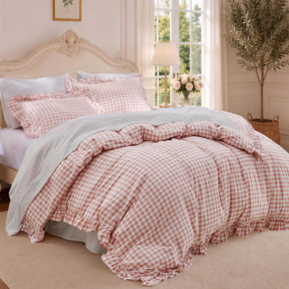 Bedsure Gingham Ruffle Duvet Cover Set, Queen, Cotton-Like Bed, Terracotta
