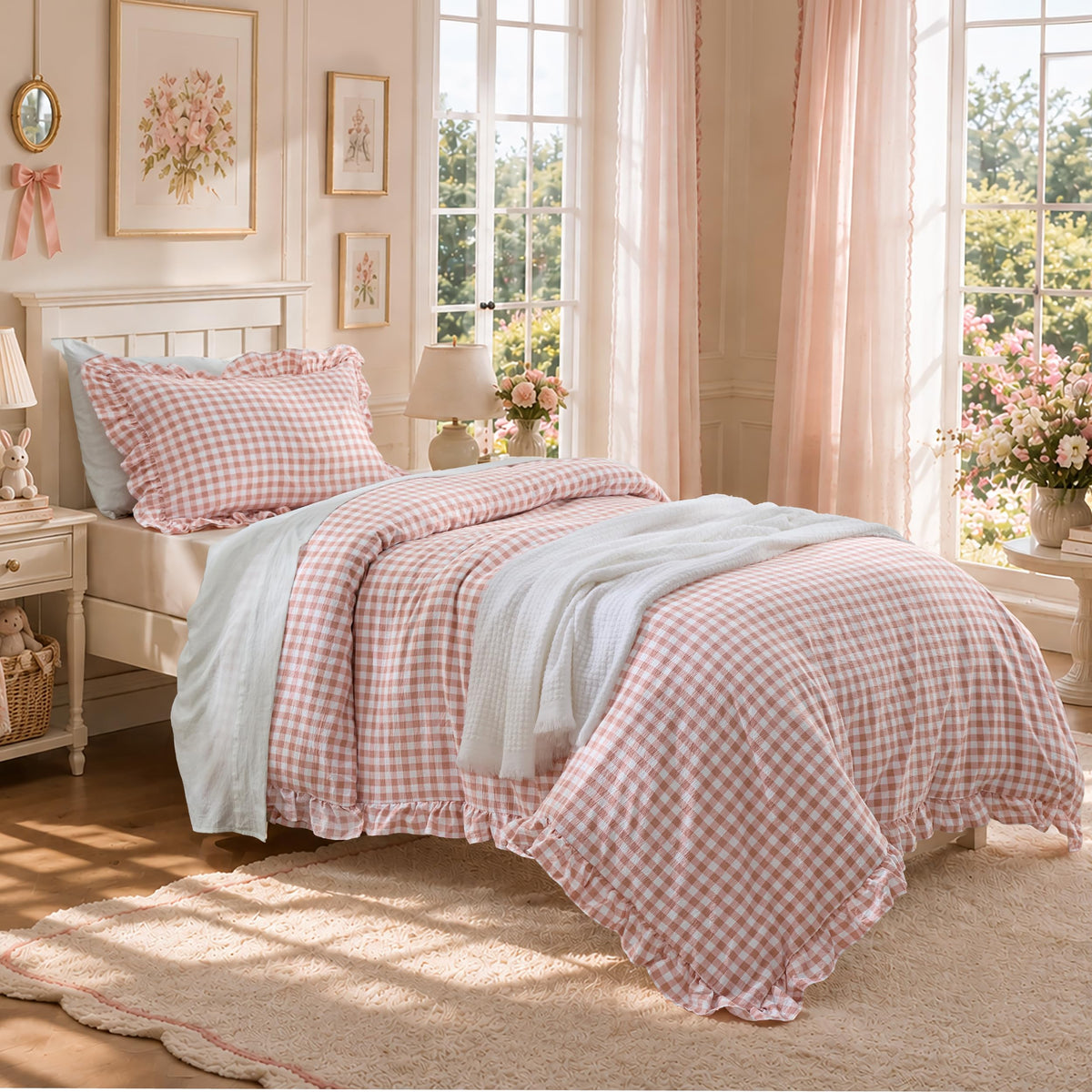Bedsure Gingham Ruffle Duvet Cover Set, Queen, Cotton-Like Bed, Terracotta
