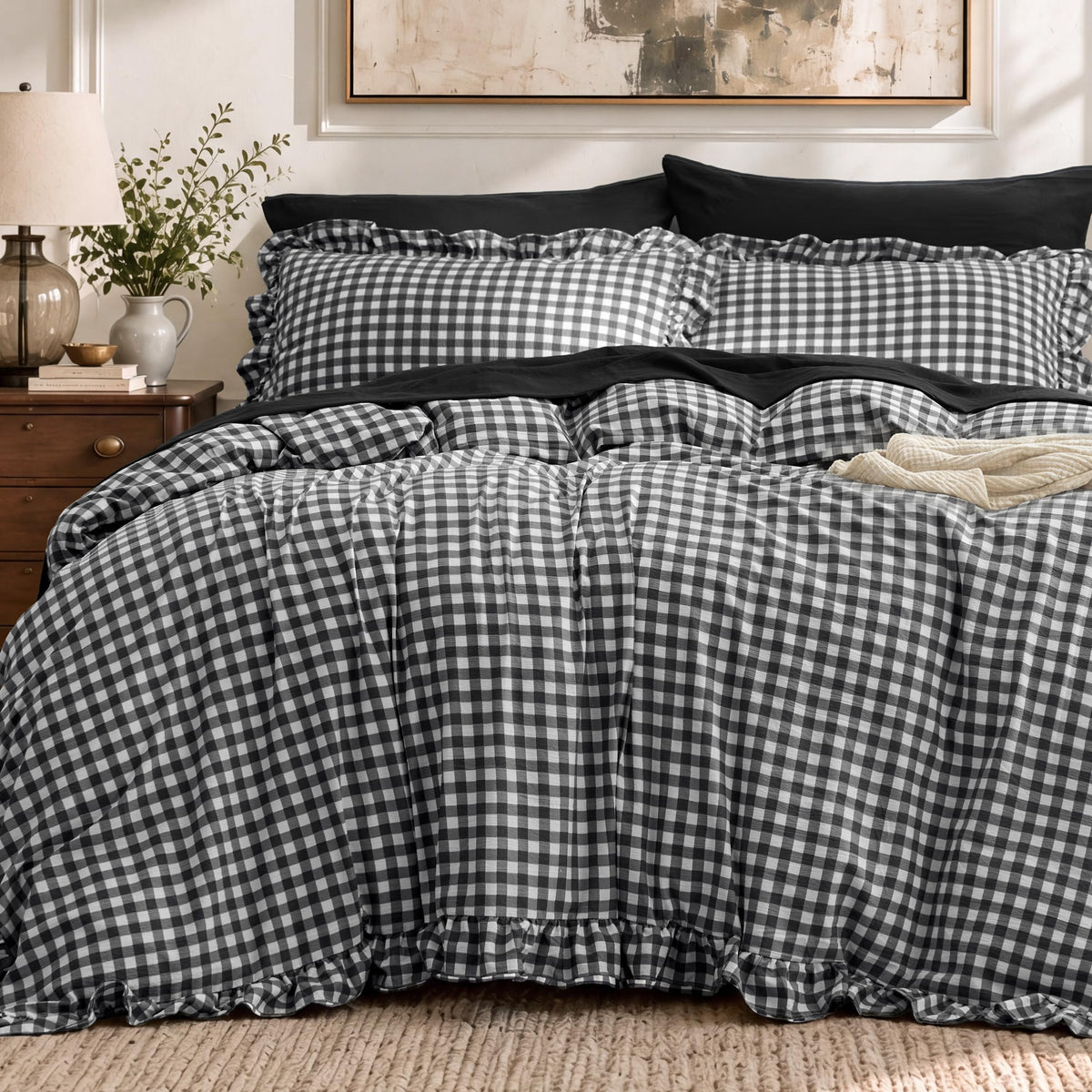 Bedsure Gingham Ruffle Duvet Cover Set, Queen, Cotton-Like Bed, Terracotta