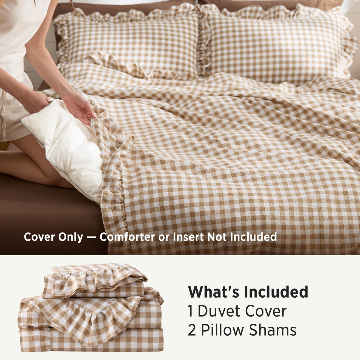 Bedsure Gingham Ruffle Duvet Cover Set, Queen, Cotton-Like Bed, Terracotta