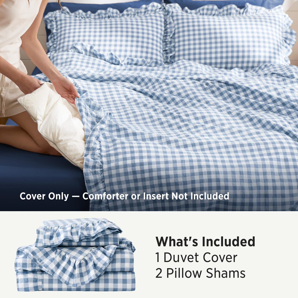 Bedsure Gingham Ruffle Duvet Cover Set, Queen, Cotton-Like Bed, Terracotta