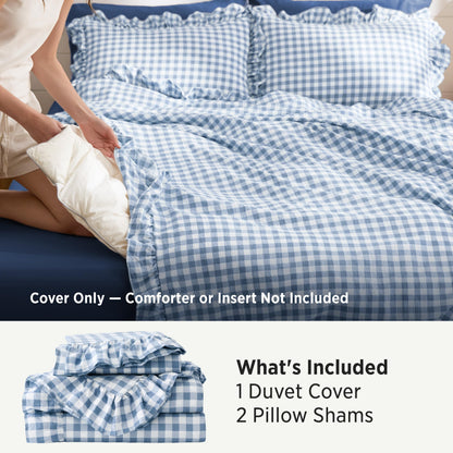 Bedsure Gingham Ruffle Duvet Cover Set, Queen, Cotton-Like Bed, Terracotta