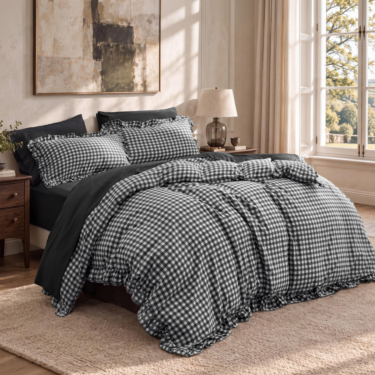Bedsure Gingham Ruffle Duvet Cover Set, Queen, Cotton-Like Bed, Terracotta