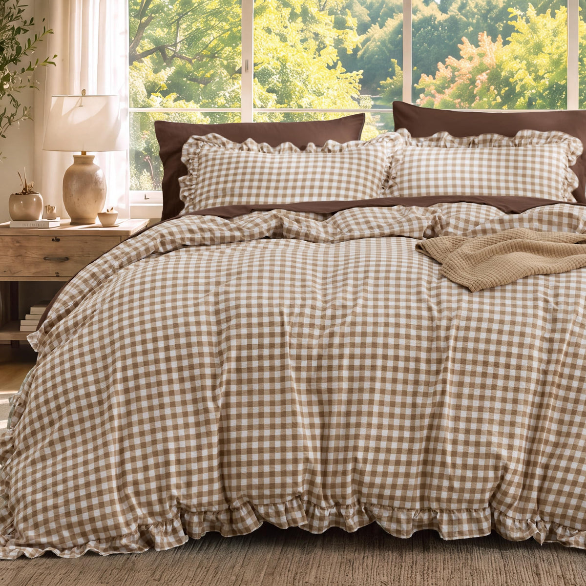 Bedsure Gingham Ruffle Duvet Cover Set, Queen, Cotton-Like Bed, Terracotta