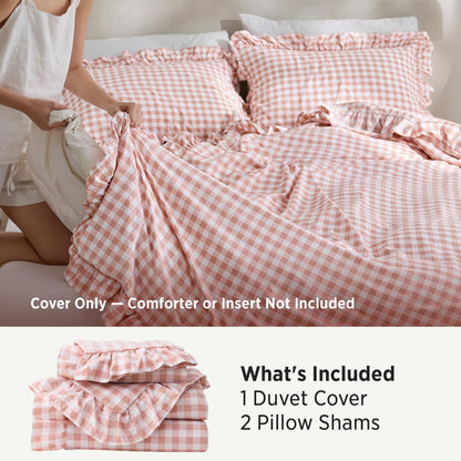 Bedsure Gingham Ruffle Duvet Cover Set, Queen, Cotton-Like Bed, Terracotta