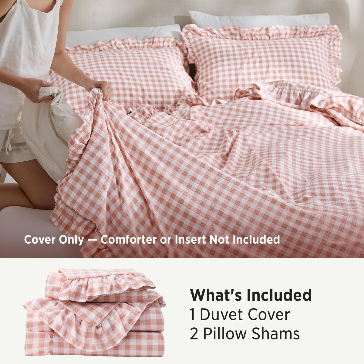 Bedsure Gingham Ruffle Duvet Cover Set, Queen, Cotton-Like Bed, Terracotta