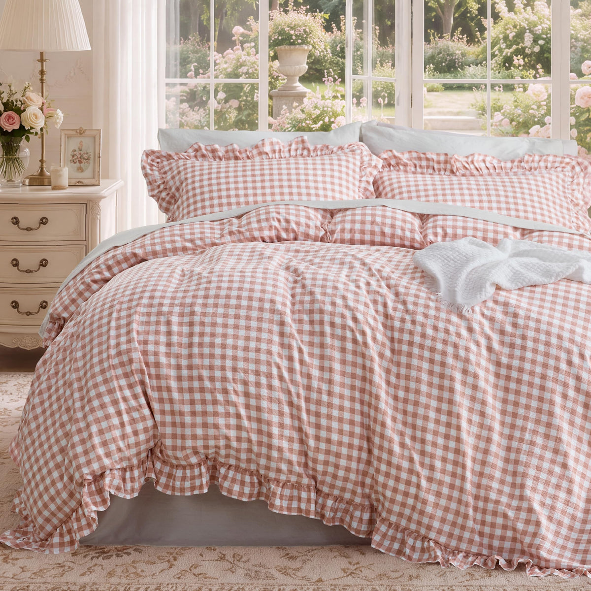 Bedsure Gingham Ruffle Duvet Cover Set, Queen, Cotton-Like Bed, Terracotta