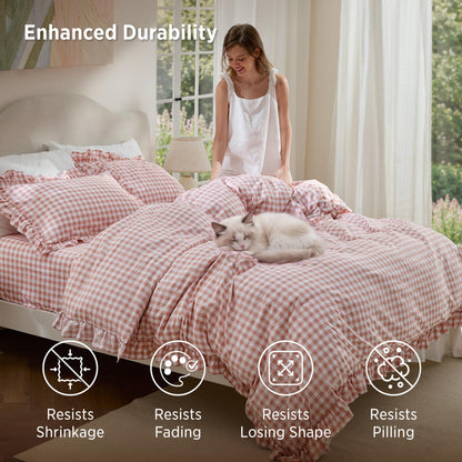 Bedsure Gingham Ruffle Duvet Cover Set, Queen, Cotton-Like Bed, Terracotta