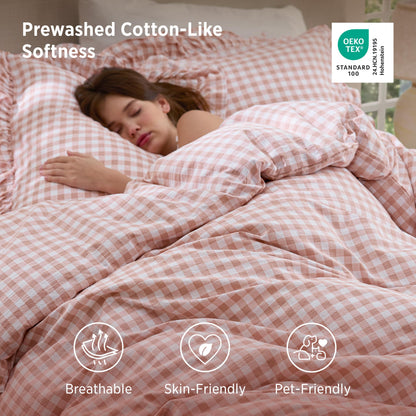 Bedsure Gingham Ruffle Duvet Cover Set, Queen, Cotton-Like Bed, Terracotta