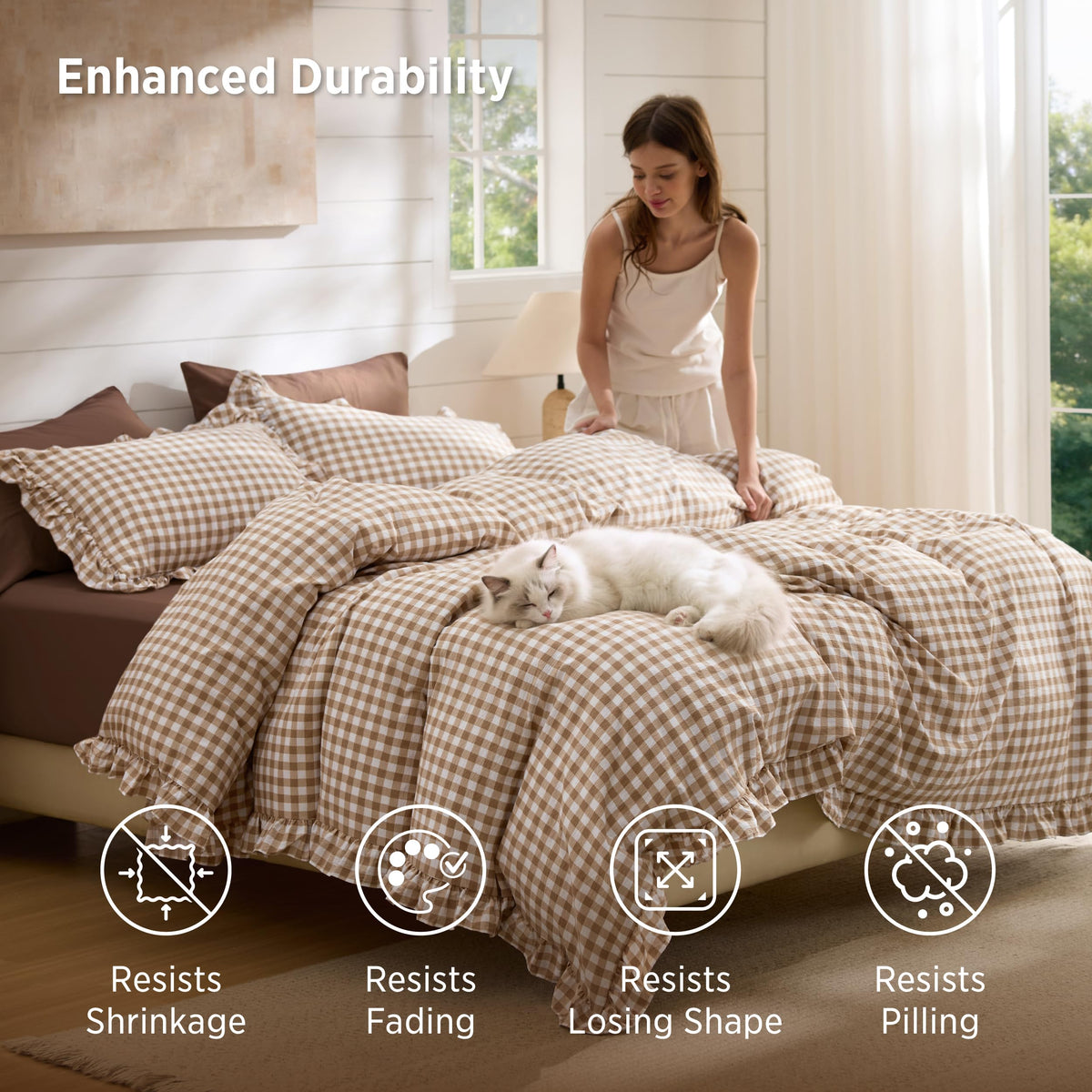 Bedsure Gingham Ruffle Duvet Cover Set, Queen, Cotton-Like Bed, Terracotta